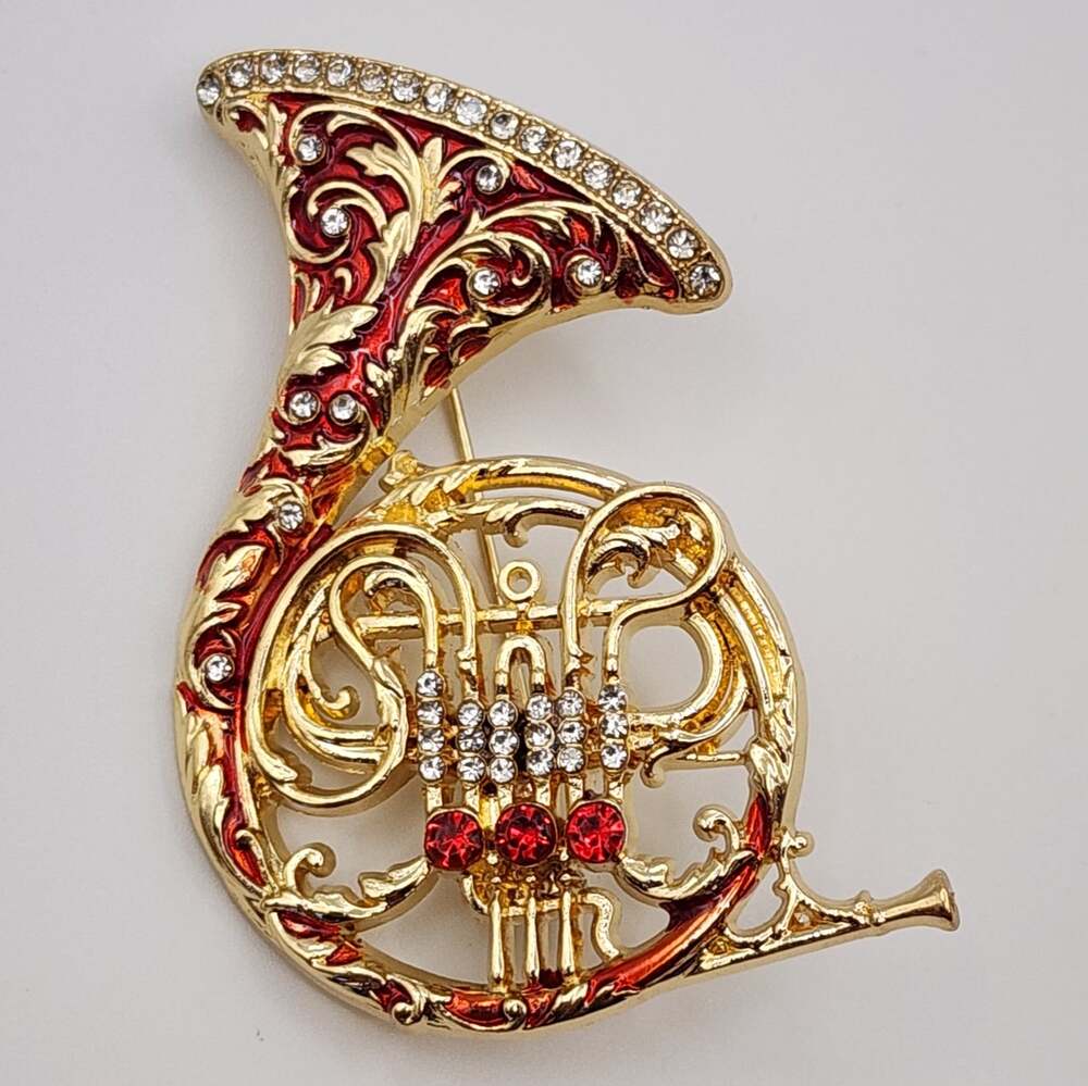 Gold Tone French Horn with Red Enamel & Clear Rhinestone Accents
